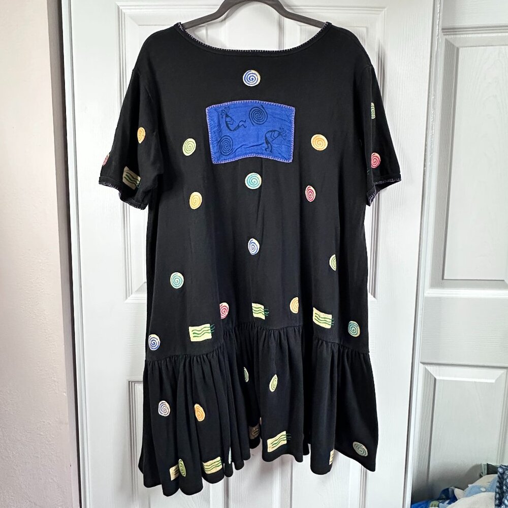 Vintage 90s Women's M/L Hand Block Black Cotton Tunic Dress Ruffle Hem Eclectic